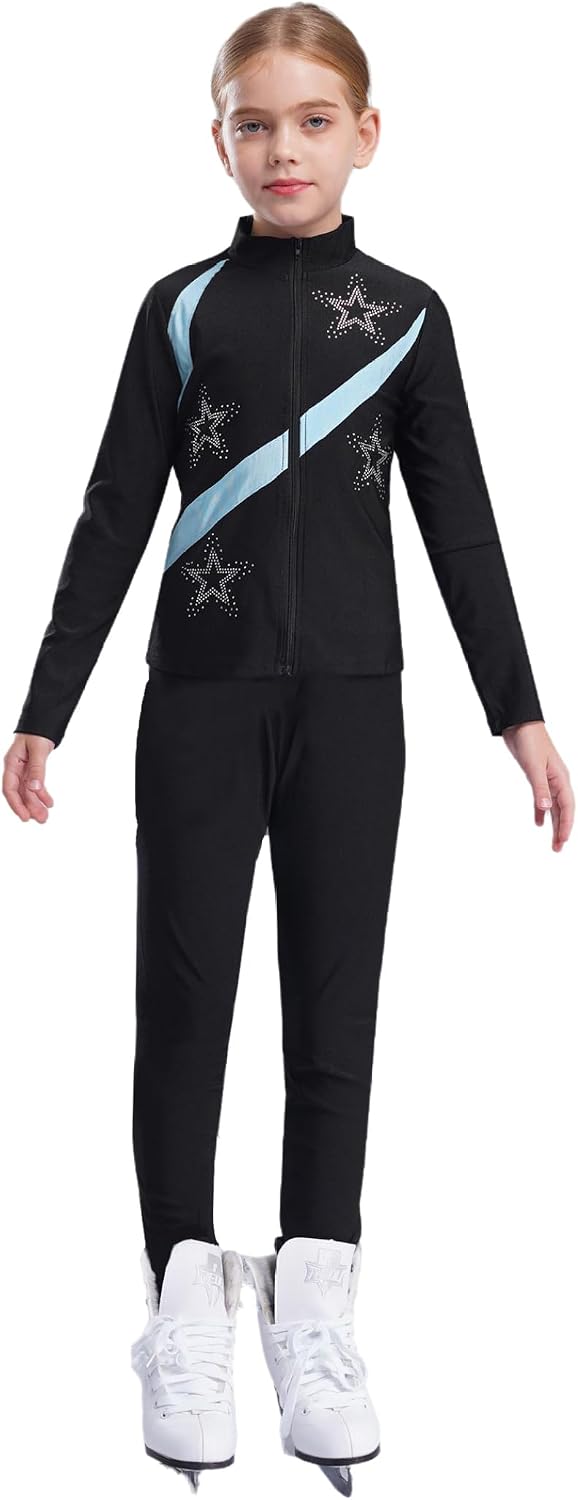 Girls Ice Skating Jacket Leggings Kids Figure Skating Coat Pants 2 Piece Gym Workout Suit