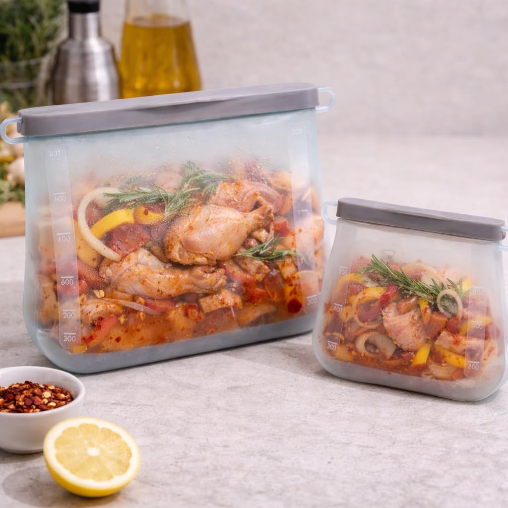 Wiederverwendbare Silikon-Lebensmittelbeutel – 6er Set (3×1L + 3×1,5L) – BPA-frei – Auslaufsicher – Gefrierfach & Mikrowelle | BPA-frei