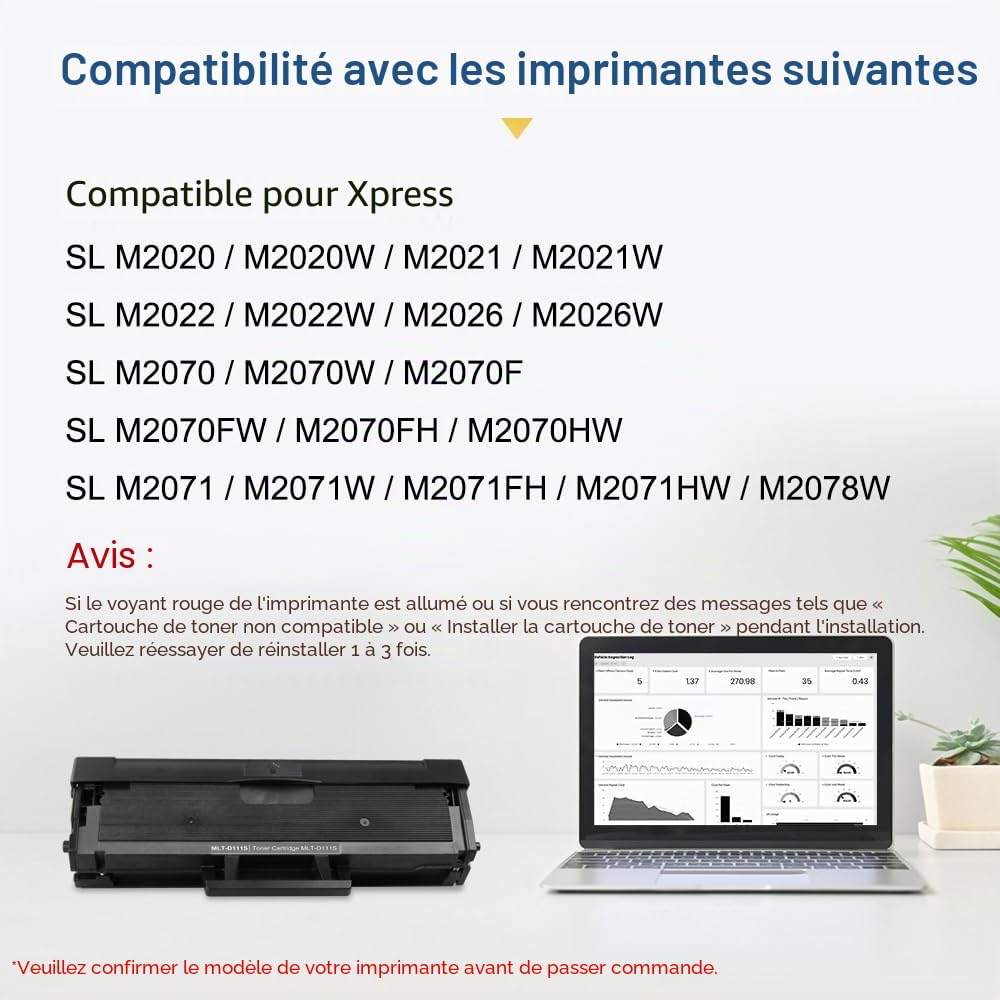 MLT-D111S Compatible Cartouche de Toner Remplacement pour Samsung D111S MLT-D111S D111L pour Xpress SL M2070FW M2026W M2070W M2026 M2022W M2070 M2022 M2020 M2020W M2021 M2071 (Noir, 2-Pack)