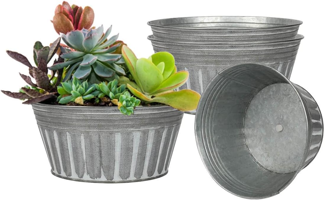 vensovo 9 Inches Silver Metal Rustic Plant Pots - 4 Pcs Large Shallow Galvanized Planters with Drain Hole and Rubber Plug, Rustproof Tin Bucket Succulent Pot Indoor Farmhouse Vintage Style for Decor