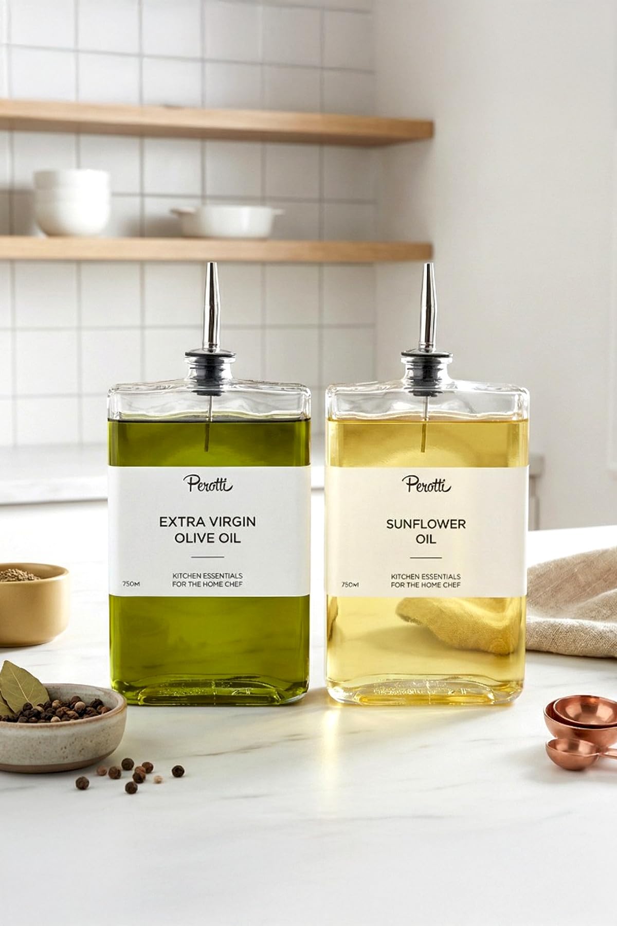 Set di 2 dispenser per olio in vetro, 750 ml, per aceto e olio, moderno, in vetro trasparente, per cucina e gastronomia