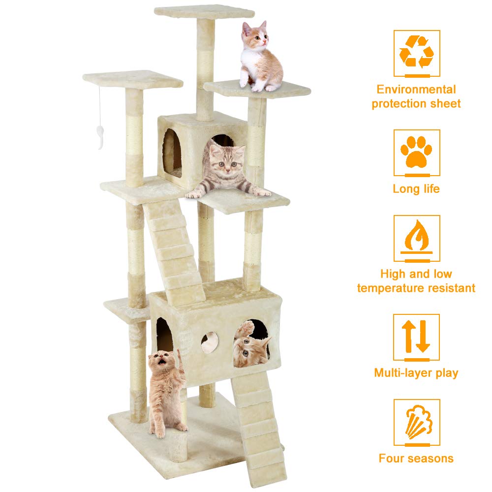 R/E 73 inch cat Tree cat Tower Game House sisal Scratching Column Double Plush Apartment Theater, with Bed Nest Perch Platform Dangling Toys Cats Activity Centre for Kittens, Beige