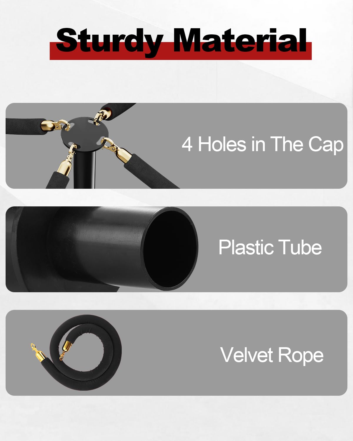 RoadHero - Conos de poste de plástico con cuerdas de terciopelo negro de 1,8 m, cuerdas portátiles de seguridad de 34 pulgadas con base de plástico pesada para control de multitudes