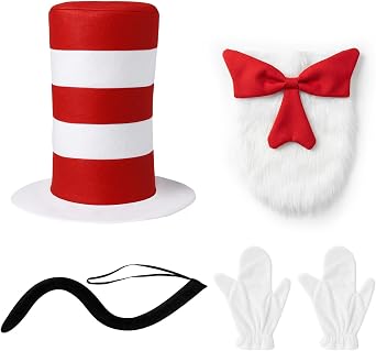 4 Pcs Cat Costume Accessory Red and White Striped Hat with Big Bow Tie, Gloves & Tail, World Book Day Cosplay Party Dress Up