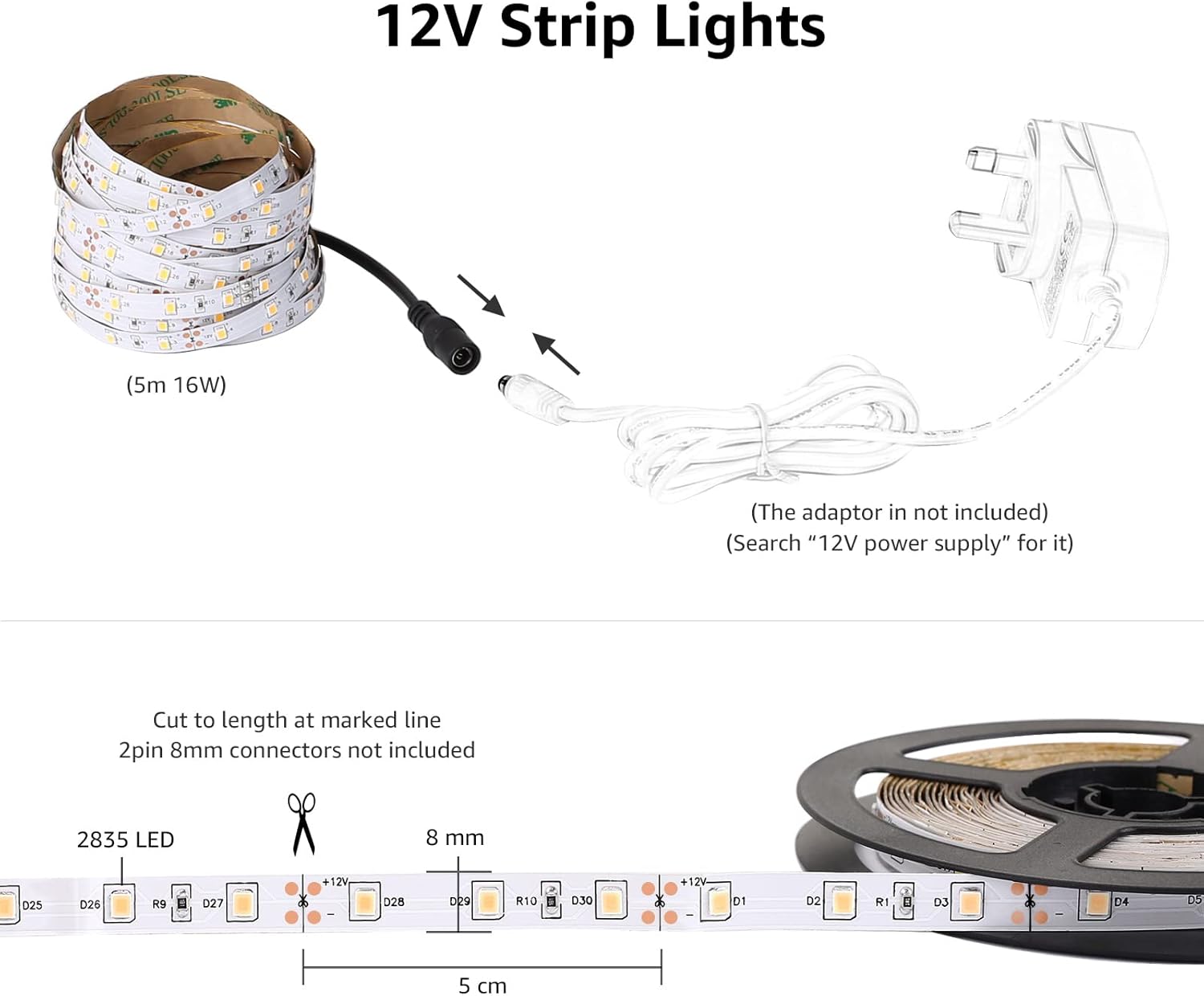Lepro 12V LED Strip Light, Flexible, SMD 2835, 300 LEDs, 32.8ft Tape Light for Home, Kitchen, Party, Christmas and More, Non-Waterproof, Daylight White, Pack of 2(Not Include Power Adapter)