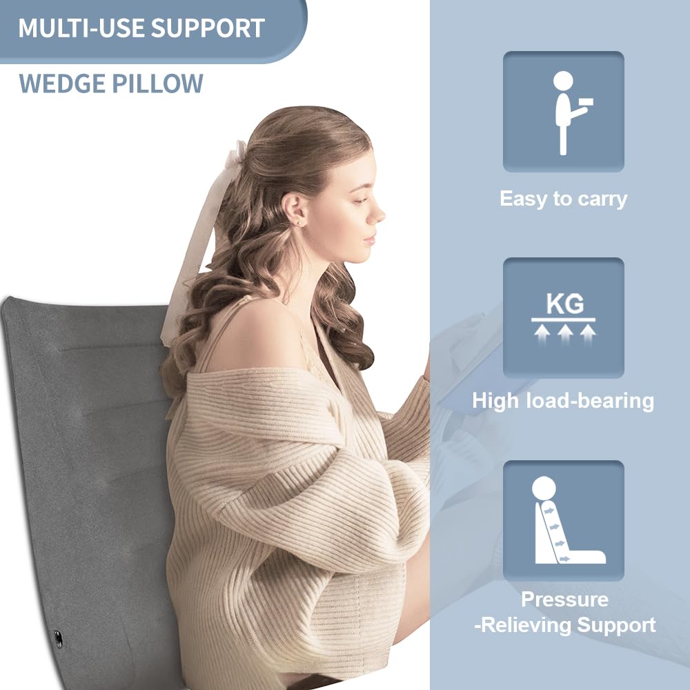 Nevife Almohada inflable de cuña para reflujo, antironquidos, reflujo ácido y ERGE. Posicionamiento para rodillas, brazos, embarazo y hinchazón lateral (gris)