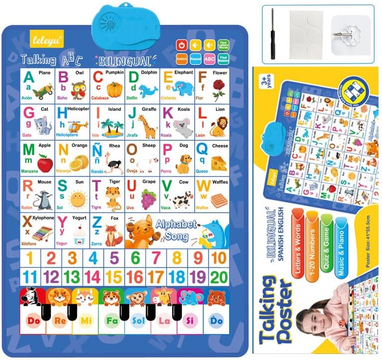 Bilingual Interactive Poster, Battery Powered, Spanish-English Alphabet / Numbers / Music, for Kids 3+