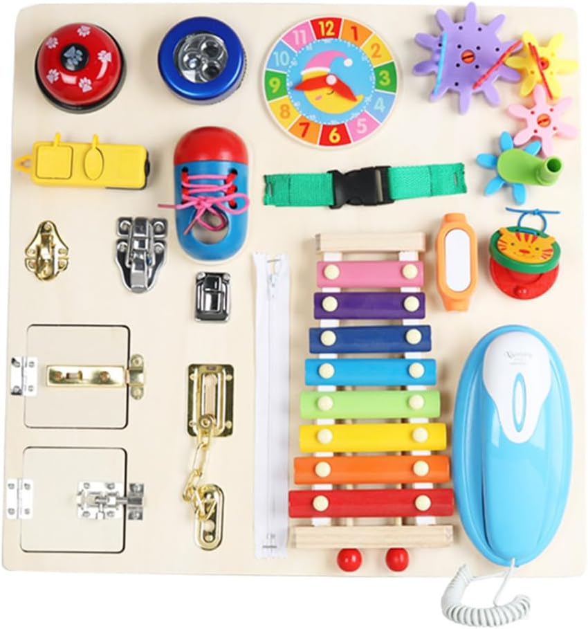 Montessori Multifunctional Busy Board, Wooden Sensory Activity Board with Locks