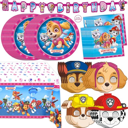 Skye Paw Patrol Birthday Decorations | Serves 16 | Pink Banner Tablecloth Plates and Napkins Character Masks Sticker | Paw Patrol Party Decorations for Girls