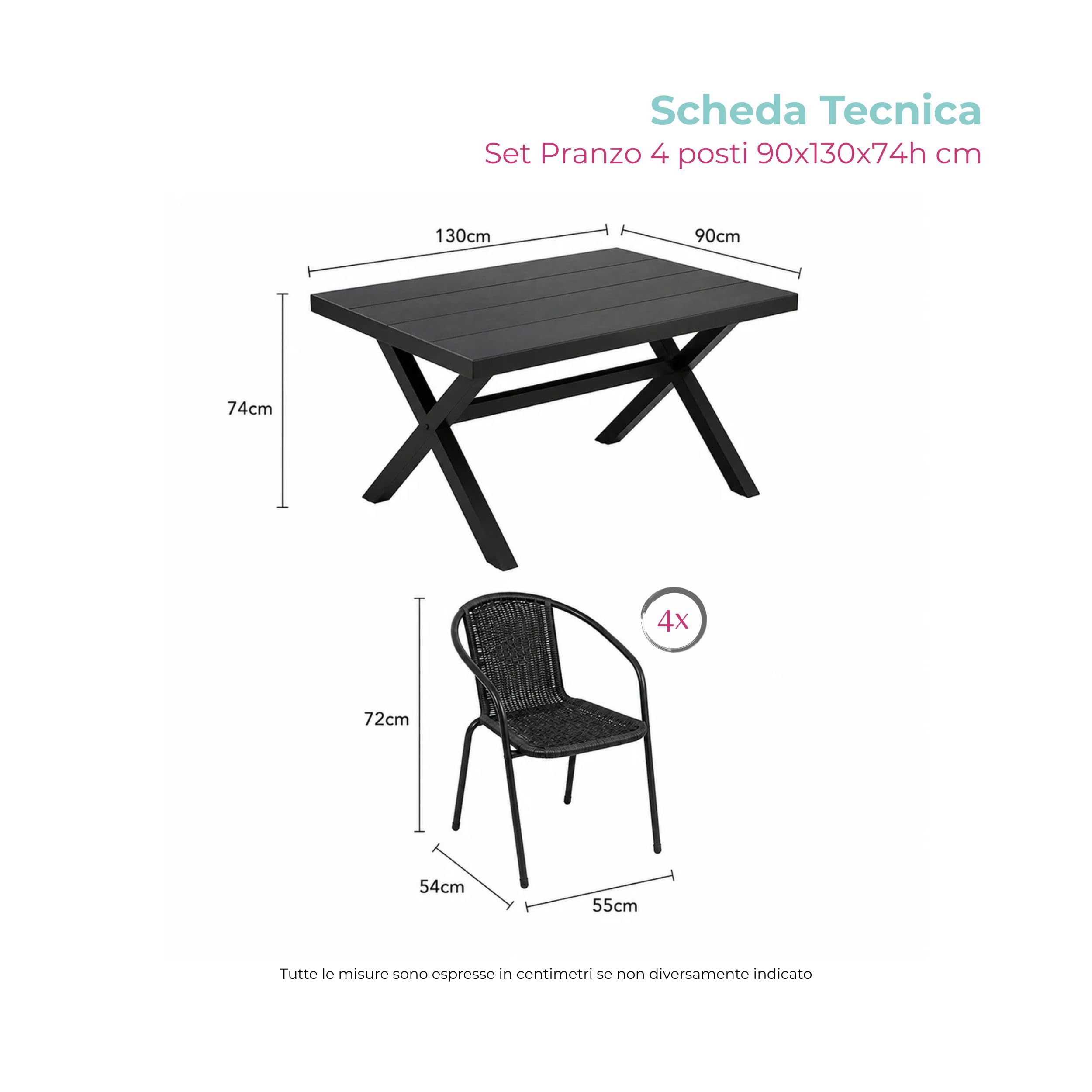 Viron Set Pranzo Esterno da 4 Persone Tavolo 90x130x74h cm e 4 Sedie da Giardino in Alluminio, Legno Composito e Rattan Nero Opaco