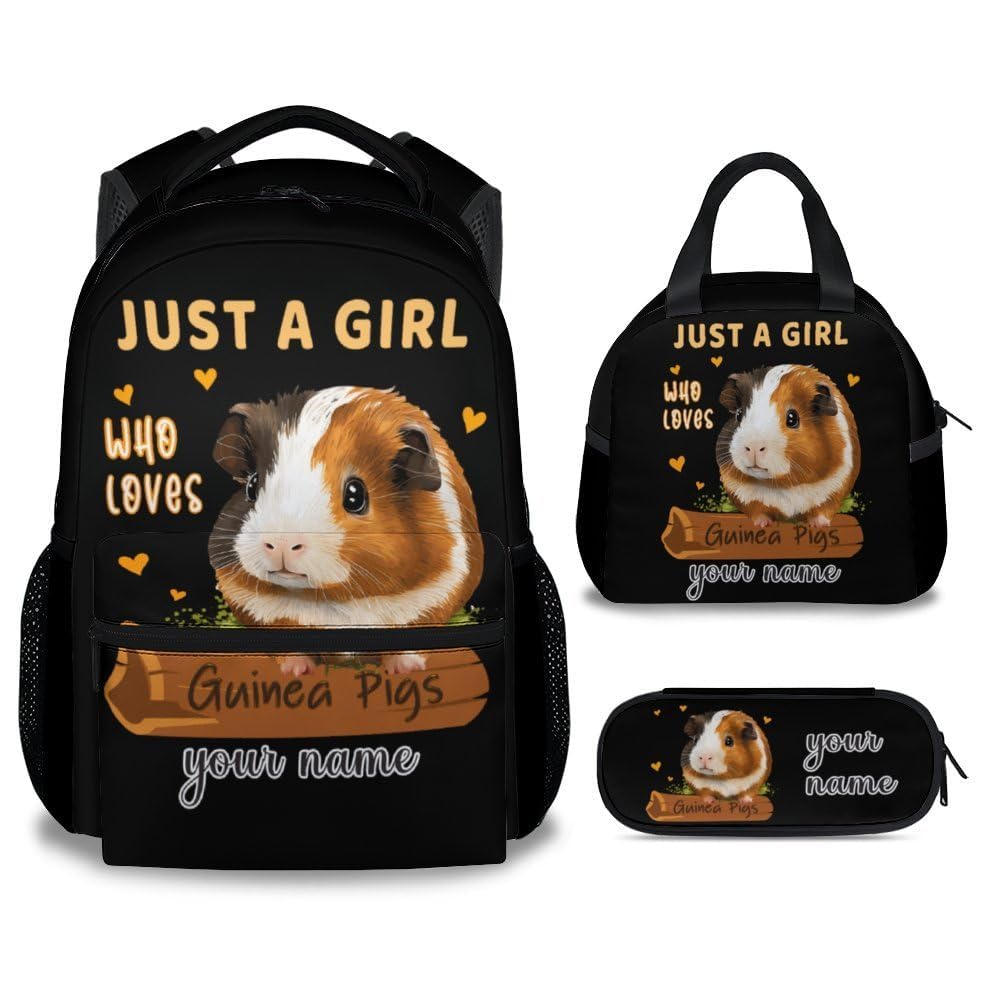 MEETUHONEY Custom Guinea Pig Backpack with Lunch Box - Set of 3 School Backpacks Matching Combo for Girls - Funny Black Bookbag and Pencil Case Bundle