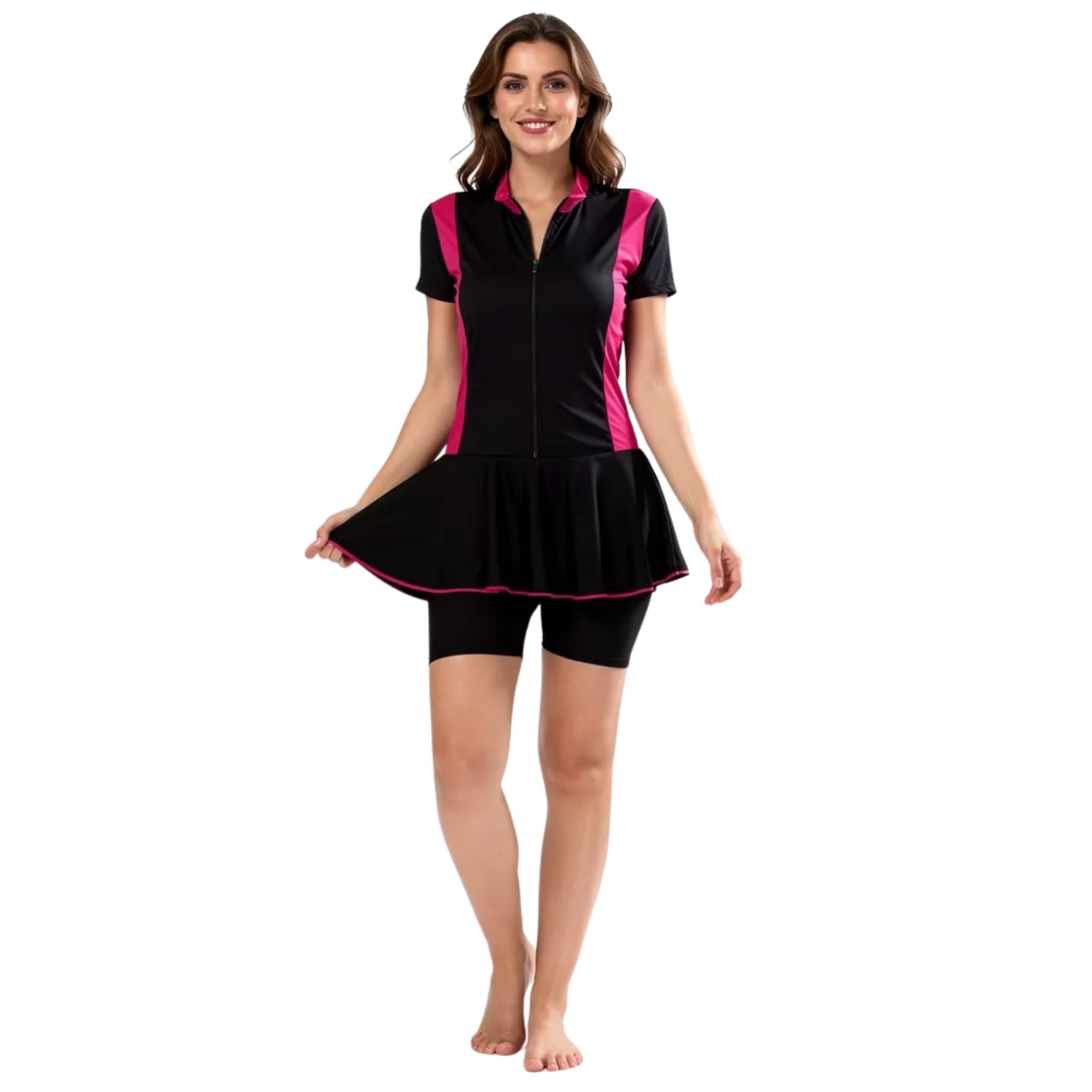 ZIUM Women Poly Jersy Frock Style Swimming Costume for Women Half Sleeves Half Length with Front Zipper (Without Pads)-picture-51