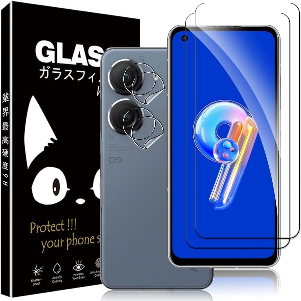 【2+2枚セット】ASUS Zenfone 9 用のフィルム エイスースゼンフォン 9 用のカメラフィルム【Huy】 Zenfone9 用の 液晶保護フィルム 旭硝子素材採用 強化ガラス フィルム 硬度9H 超薄 2.5D 耐衝撃 撥油性 超耐久 耐指紋 飛散防止処理 ASUS Zenfone 9 用の ガラスフィルム + レンズ保護 フィルム 硬度9H 気泡ゼロ 高感度 高透過率 衝撃吸収
