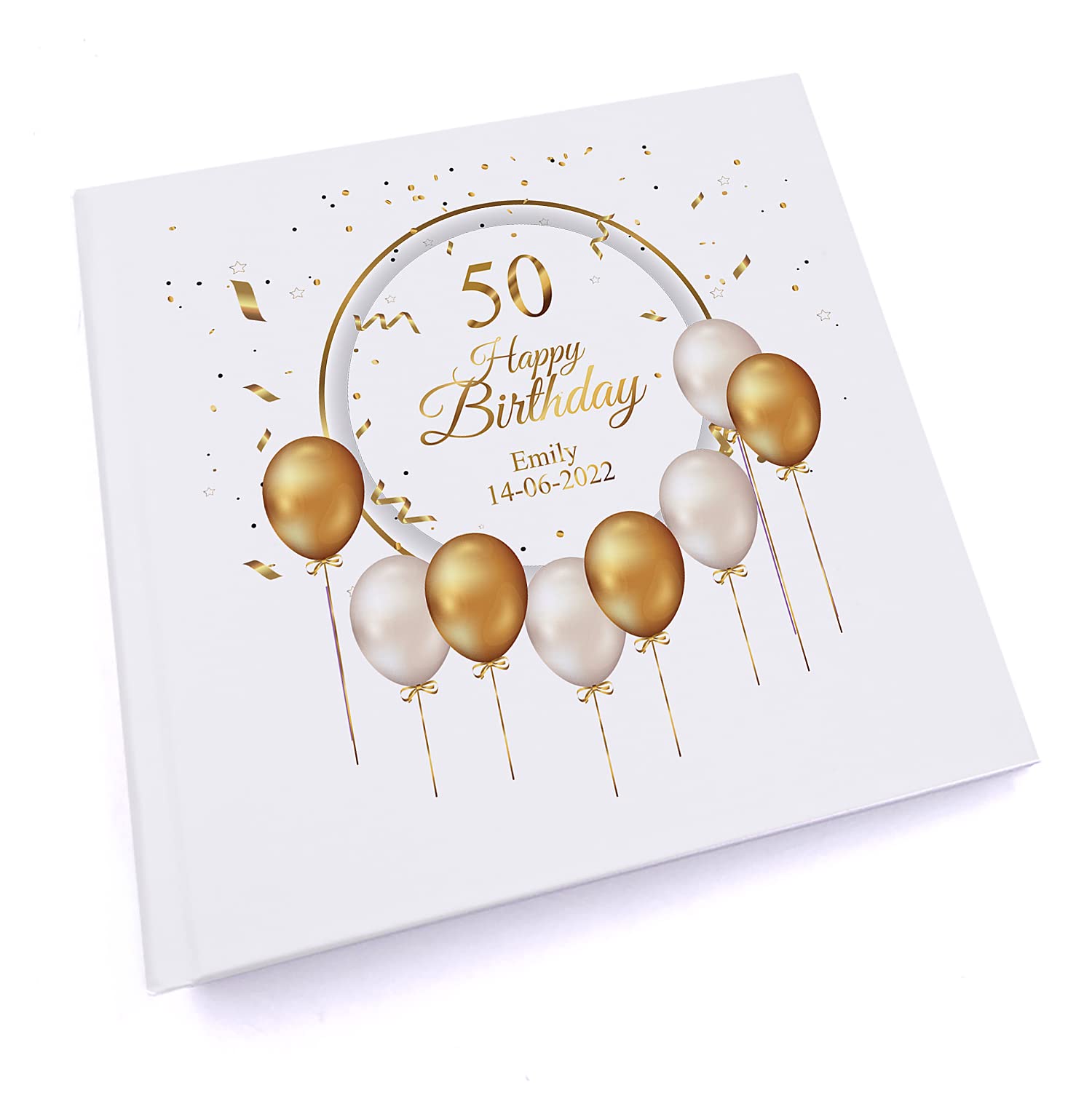 Ukgiftstoreonline White Personalised 50Th Birthday Photo Album Gift With Gold Balloons