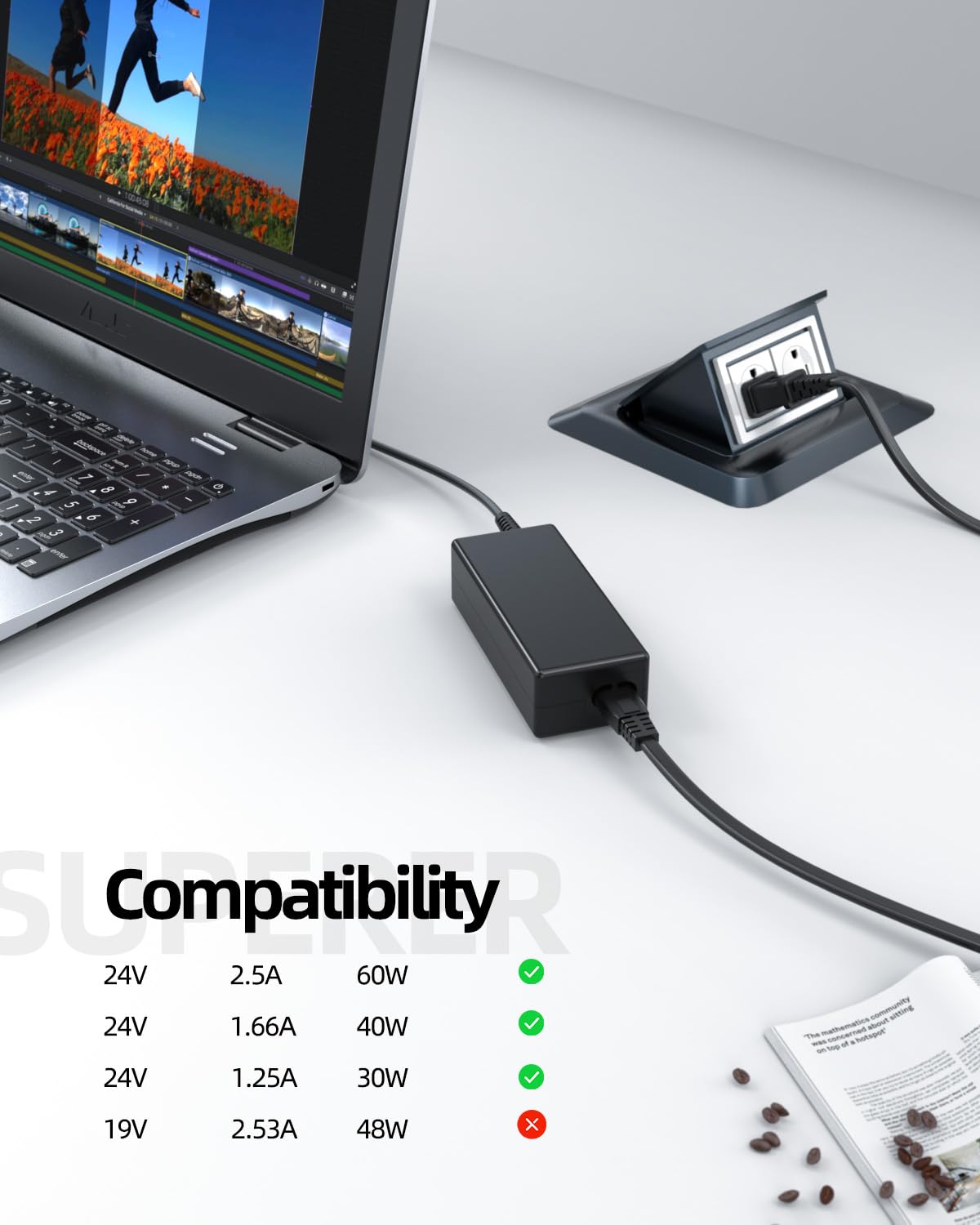 24V AC Charger Fit for Samsung HW-Q6CT HW-Q67CT HW-T60C HW-T60M HW-T510 HW-T550 HW-S40T HW-R60M HW-T45C Q T Series Soundbar Power Supply Adapter Cord