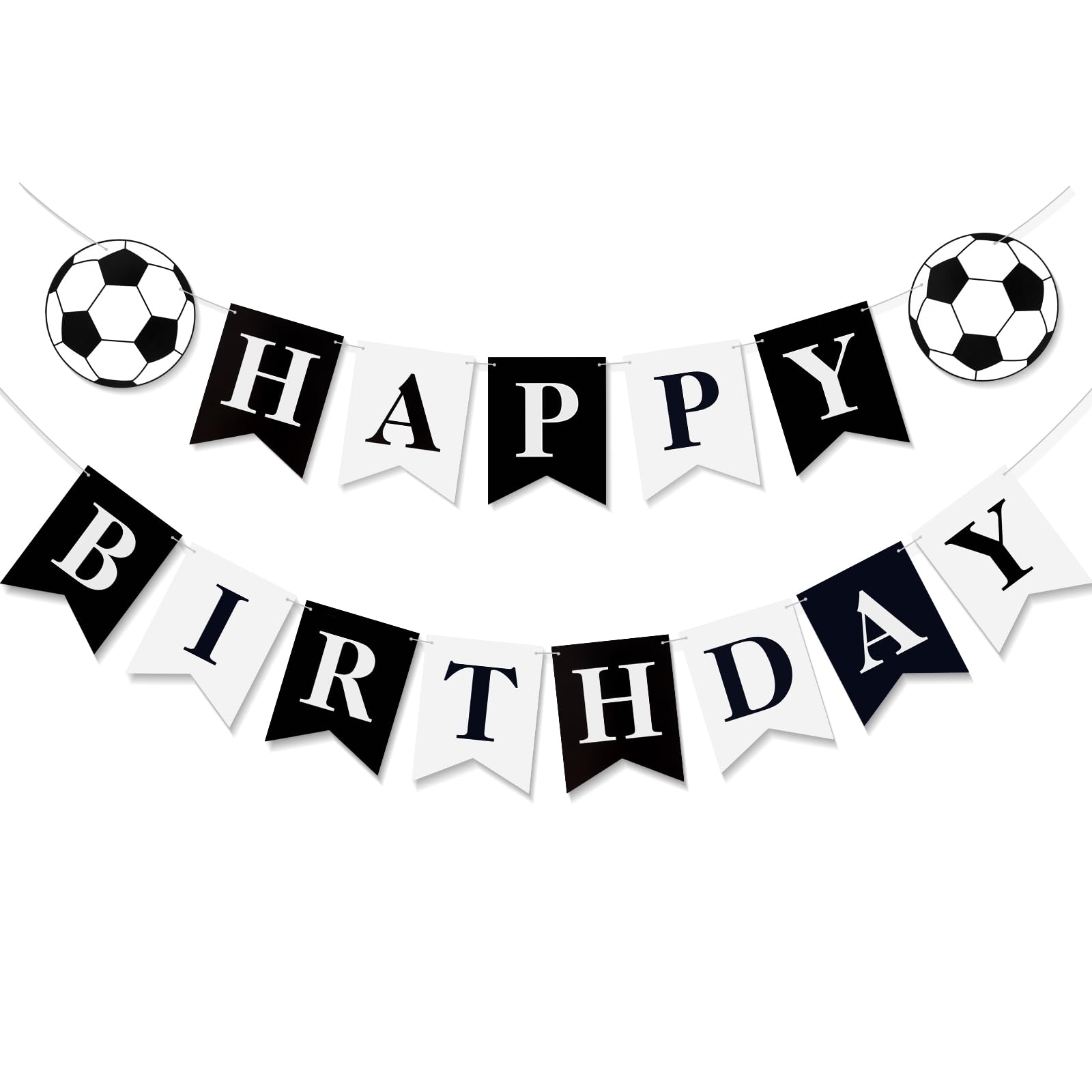 Soccer Happy Birthday Banner Black White, Personalized Letters Name Banner Sign, Birthday Garland Wall Door Banners Flag for Boys Girls Party Backdrop Decorations