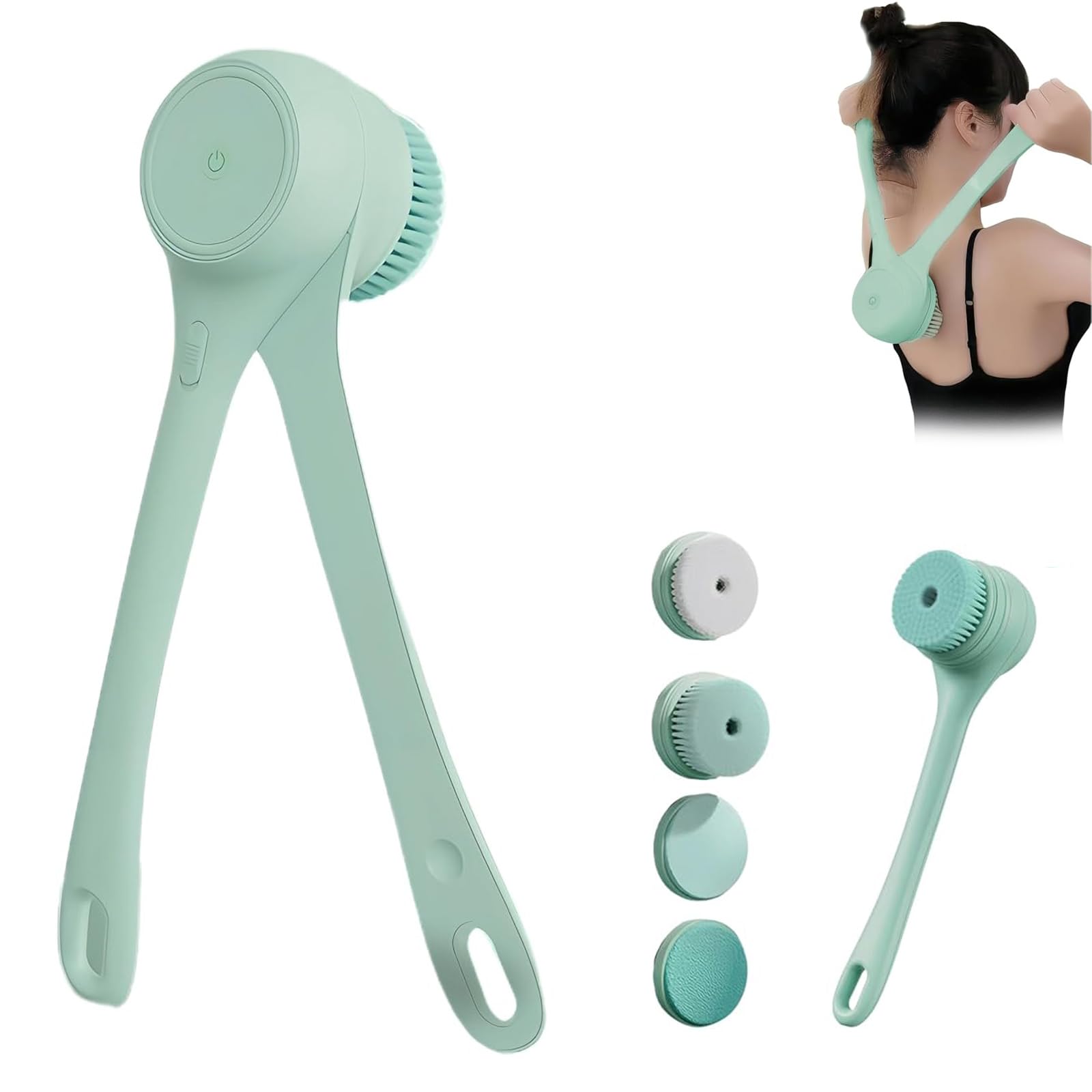 Spazzola da Bagno elettrica a Doppio Manico, Spazzola per Doccia Corpo Ricaricabile con 5 testine, 2 velocità e Impermeabile IPX7, per la Doccia, Massaggio esfoliante a Rotazione Automatica