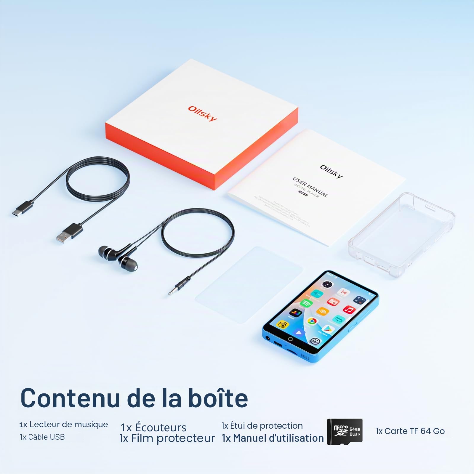 Oilsky Lecteur MP3 Bluetooth WiFi 80GB 4" 1080P Tactile Android 9.0 Portable Spotify Audible Deezer Bleu