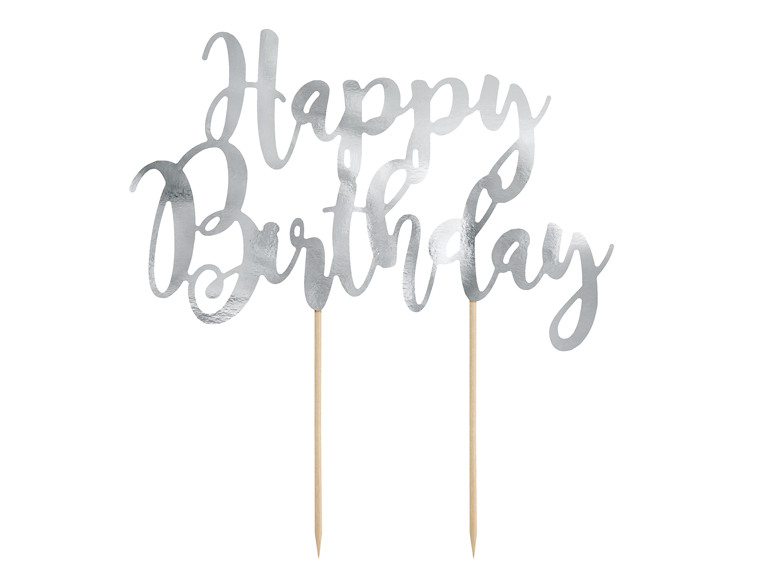 PartyDeco Silver Happy Birthday Cake Topper - 22cm, 1 Piece