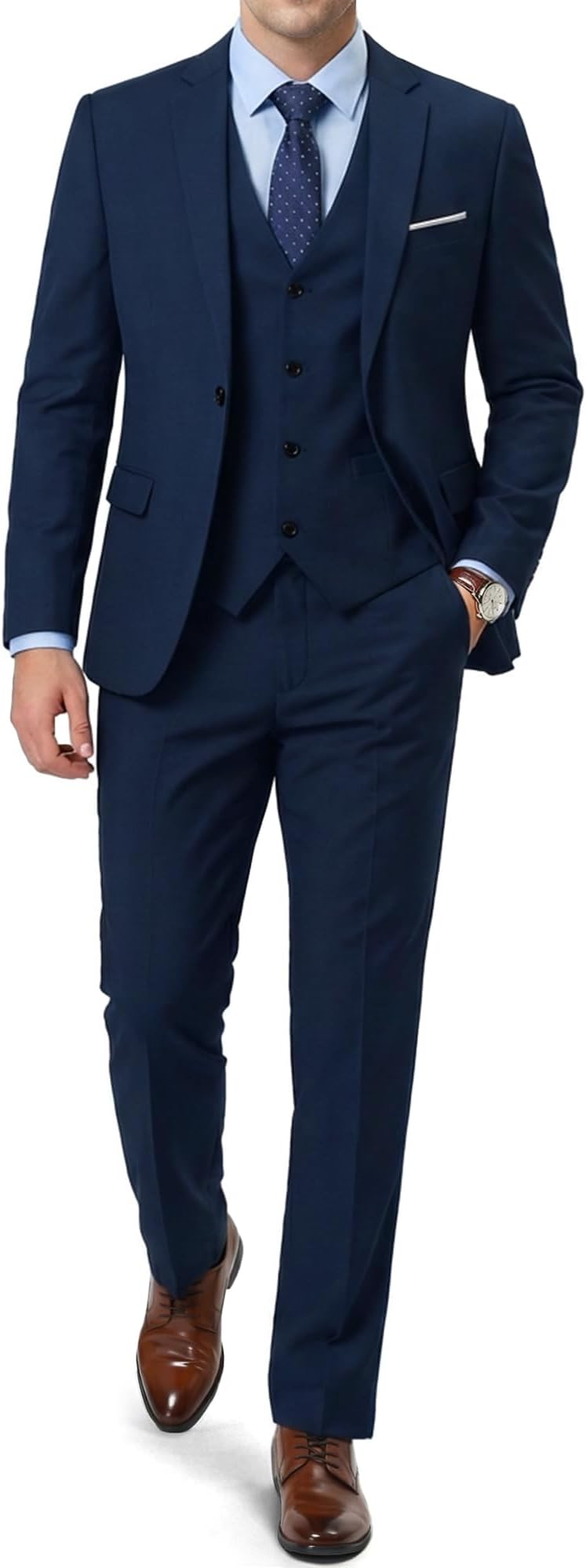 Men's Slim Fit 3 Pieces Suit, One Button Blazer Set, Jacket Vest & Pants Deep Blue, Large