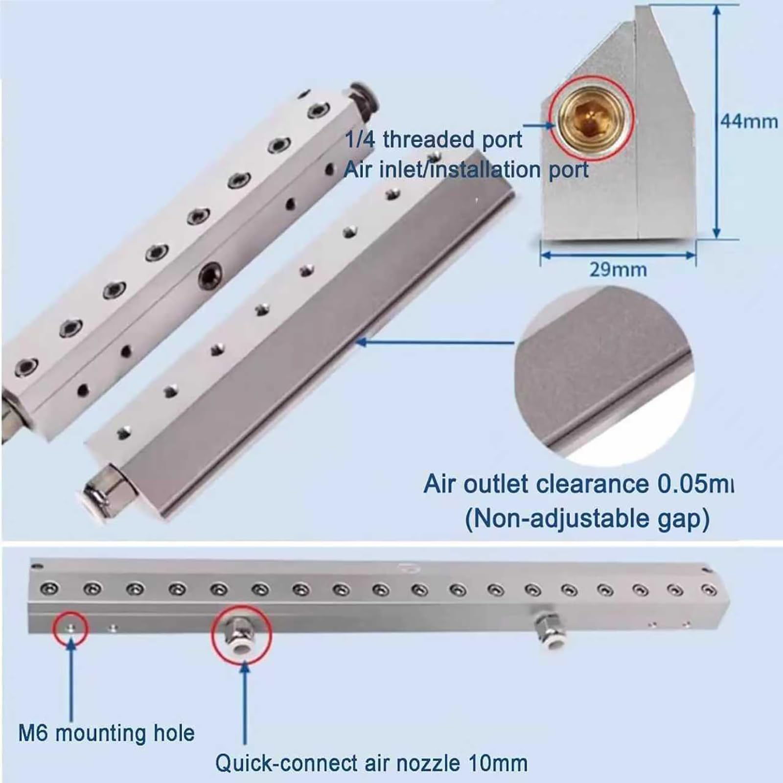 Soplador de cuchillo de aire, soplador de aleación de aluminio, hoja de aire que sopla el polvo con interfaz de rosca de 1/4 pulgadas, espacio de salida de 0.05 mm, eliminación de agua/eliminación de