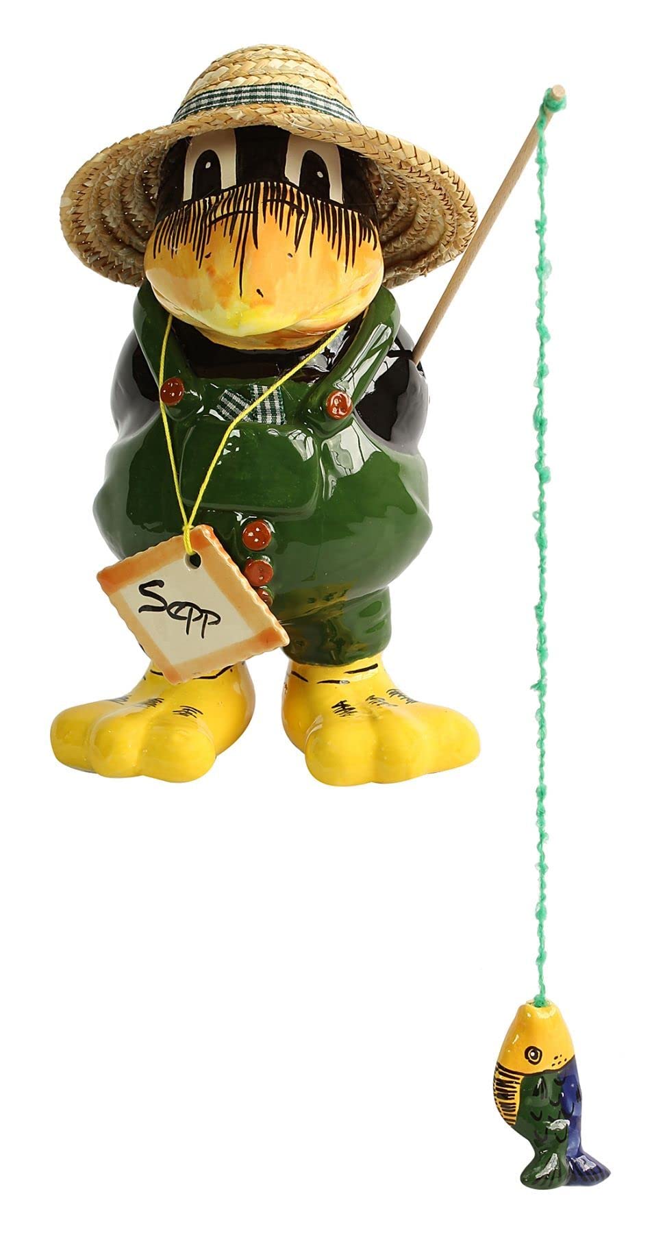 ML2299 Gartenfigur Angler aus Keramik 26 cm hoch Dekofigur Vogel Gartendeko grün