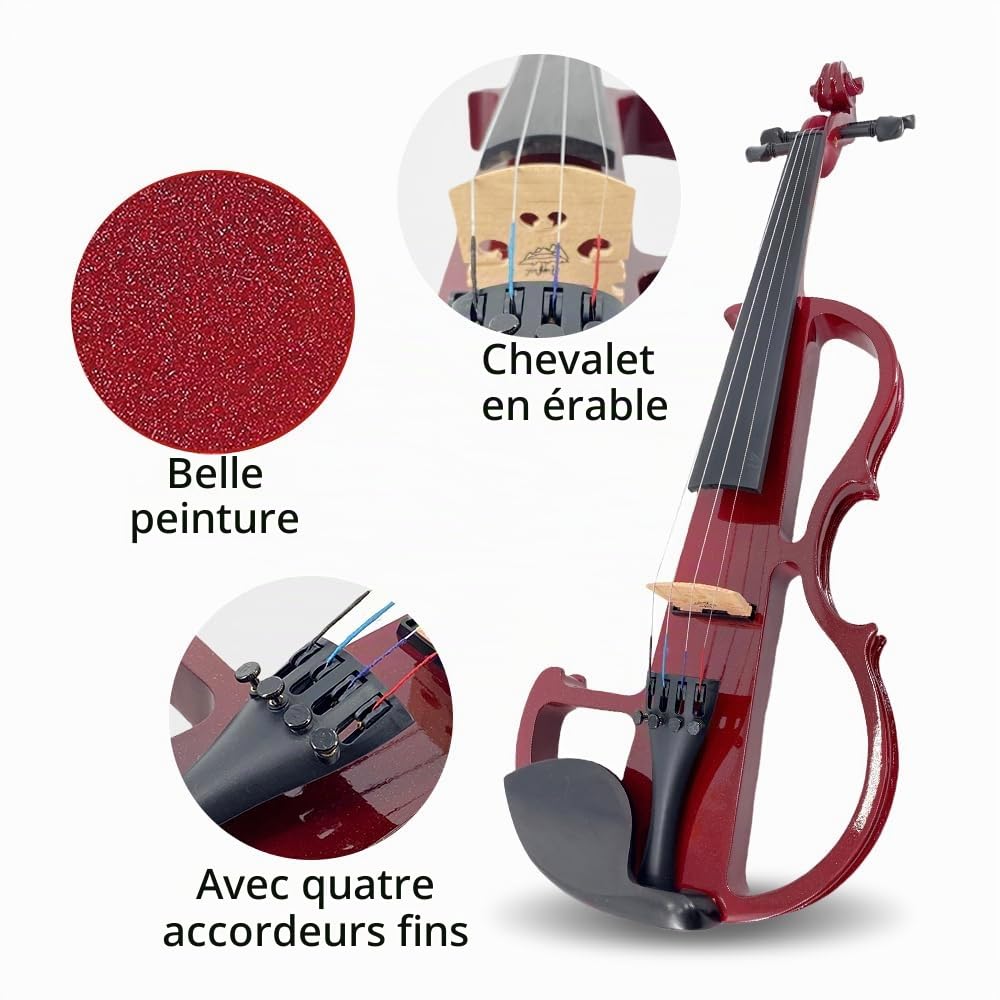 Yinfente Violon électrique 4/4 pleine grandeur silencieux, 4 cordes, accessoires en ébène, pour débutants, étudiants, avec étui, nœud, appui-tête