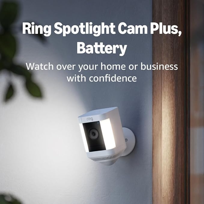 Ring Spotlight Cam Plus, Battery (newest model), Home security starter to see more in the dark with simple setup and 1080p HD Video, White