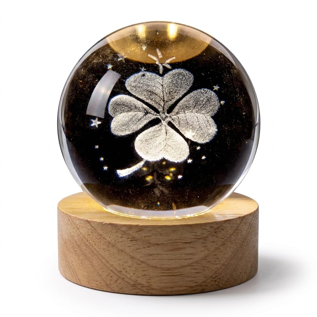 3D Four-Leaf Clover Crystal Ball Night Light with Wooden LED Base – Laser Engraved Glass Sphere Decorative Mood Lamp for Home Office – Good Luck & Prosperity Gift-image-11