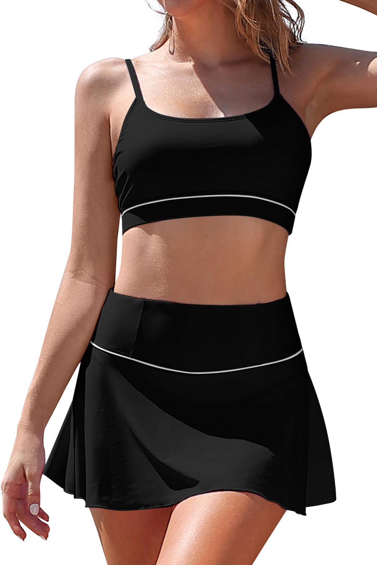 SHEKINI Conjunto de bikini con control de abdomen para mujer, cuello redondo, falda de natación de cintura alta