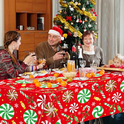 4 Pack Christmas Table Cloth Christmas Party Tablecloth Xmas Party Decoration Candy Themed Table Cover Xmas Table Cover with Christmas Candy Cane and Snowflakes 51 X 86 in – Image 4