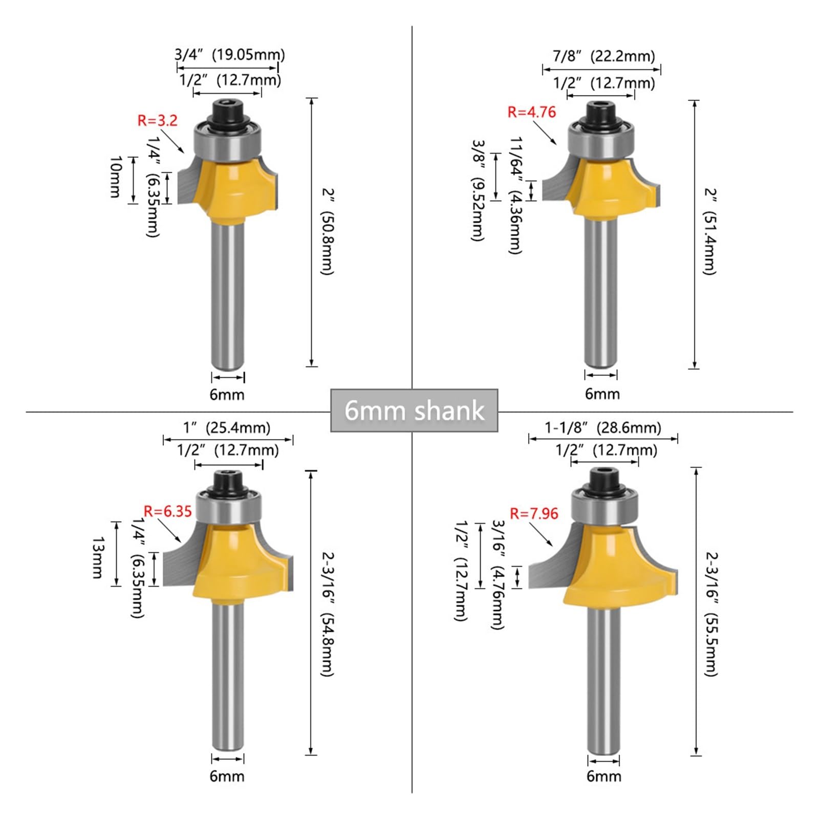 1/4 Szt. Zestaw Bitów Zaokrąglonych Z Chwytem 6 Mm (4 .) - Promień Fazowania Frezy Do Przycinania Krawędzi Obróbki Drewna(6mm 4pcs)