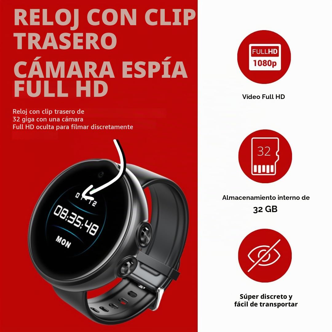 Reloj LCD con clip trasero cámara espía Full HD 32GB visión nocturna