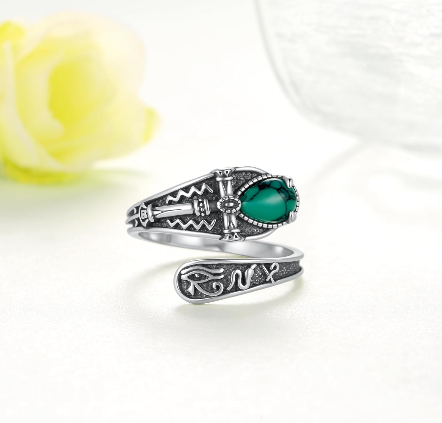 Turquoise Spoon Rings for Women 925 Sterling Silver Ankh Ring Egyptian Jewelry for Women Men