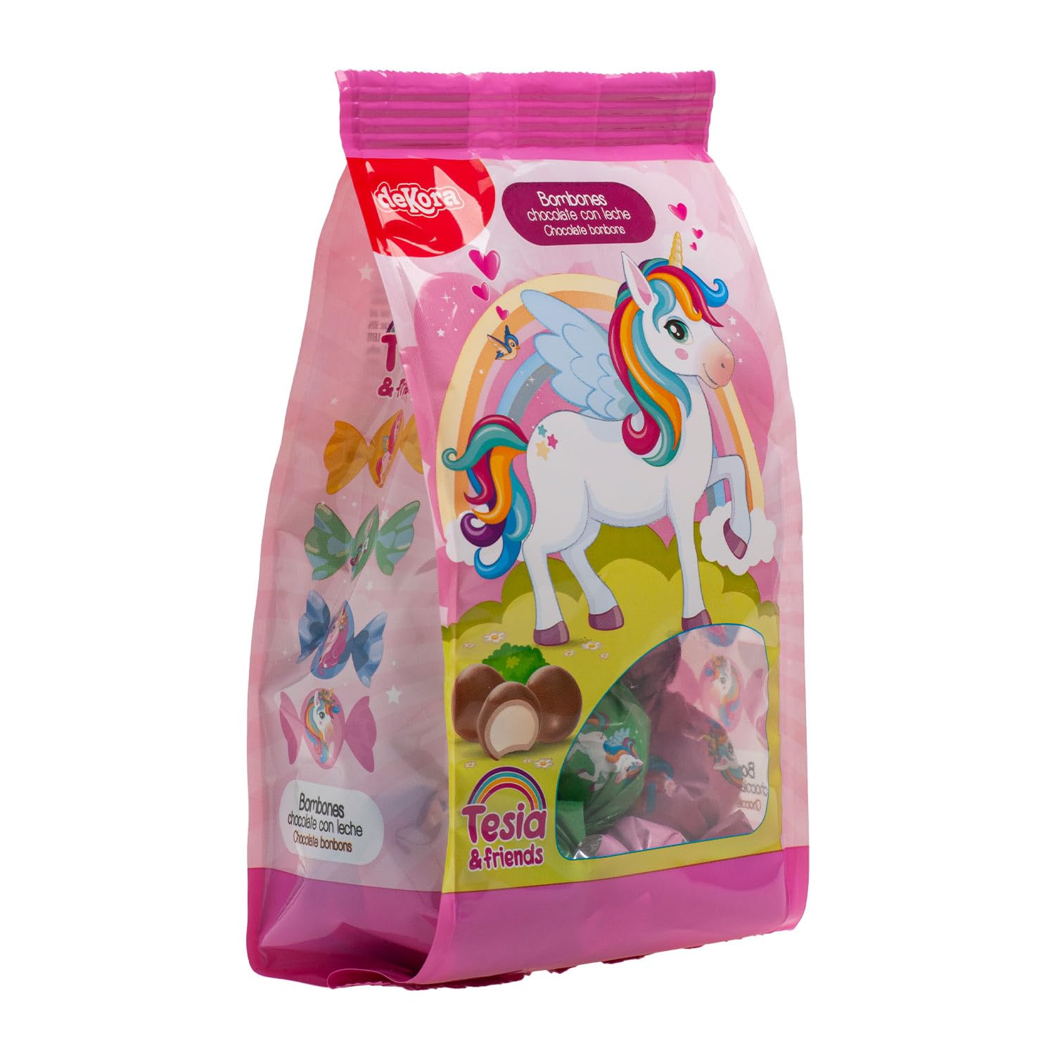 Dekora - Pack Bombones de Chocolate Rellenos de Crema de Leche y Diseño Unicornio Tesia 100g, Ideal para Fiestas Infantiles y Cumpleaños. Divertidos y deliciosos