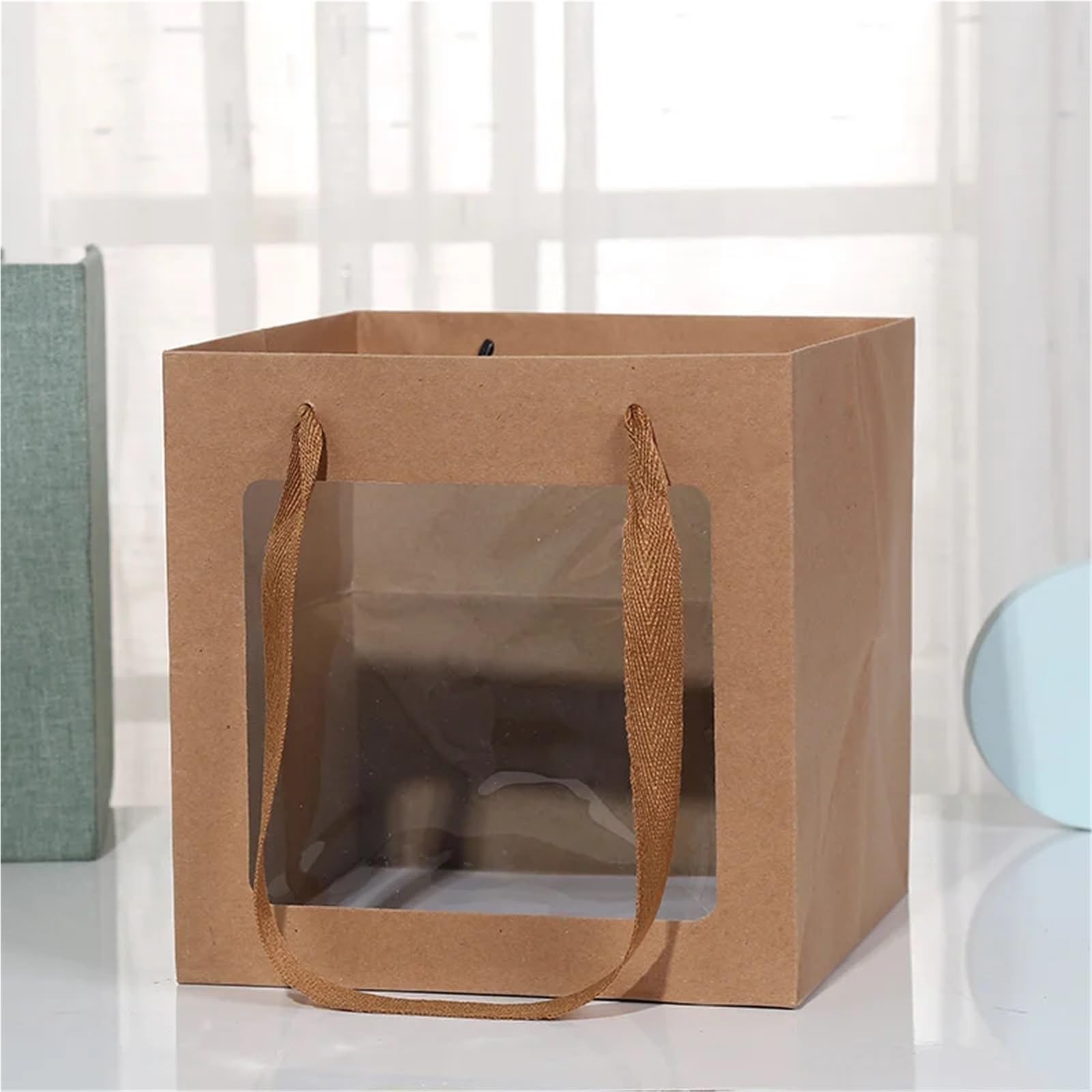 papiertüten 12 Stück Kraftpapiertüten | Verpackung Farbe Handtasche Kuchen Aufbewahrung wiederverwendbarer Beutel mit Fenster(Kraft paper,25x25x25cm)