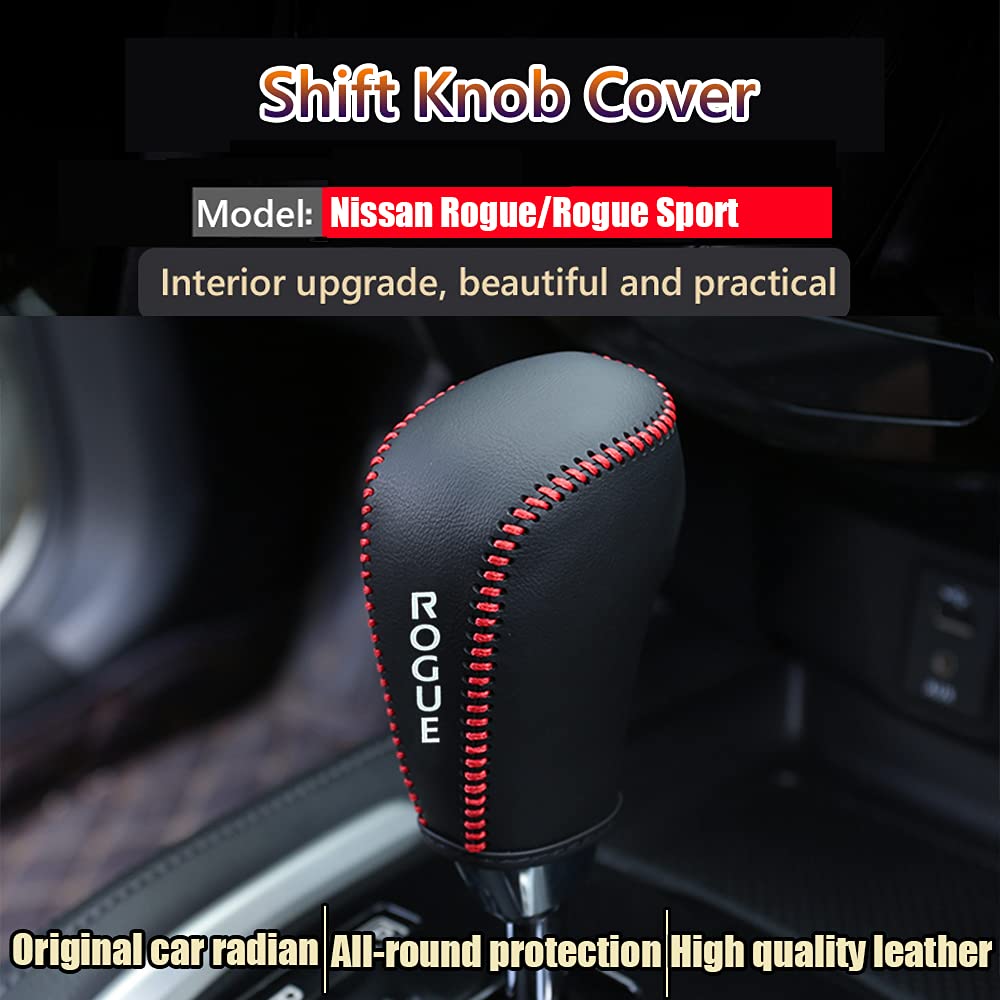 Great-luck Genuine Leather Automatic at Gear Shift Knob Cover Protector Trim,the car Interior Accessories(Black Stitches) for Nissan Rogue Sport(2017 2018 2019 2021) Rogue(2014-2020)