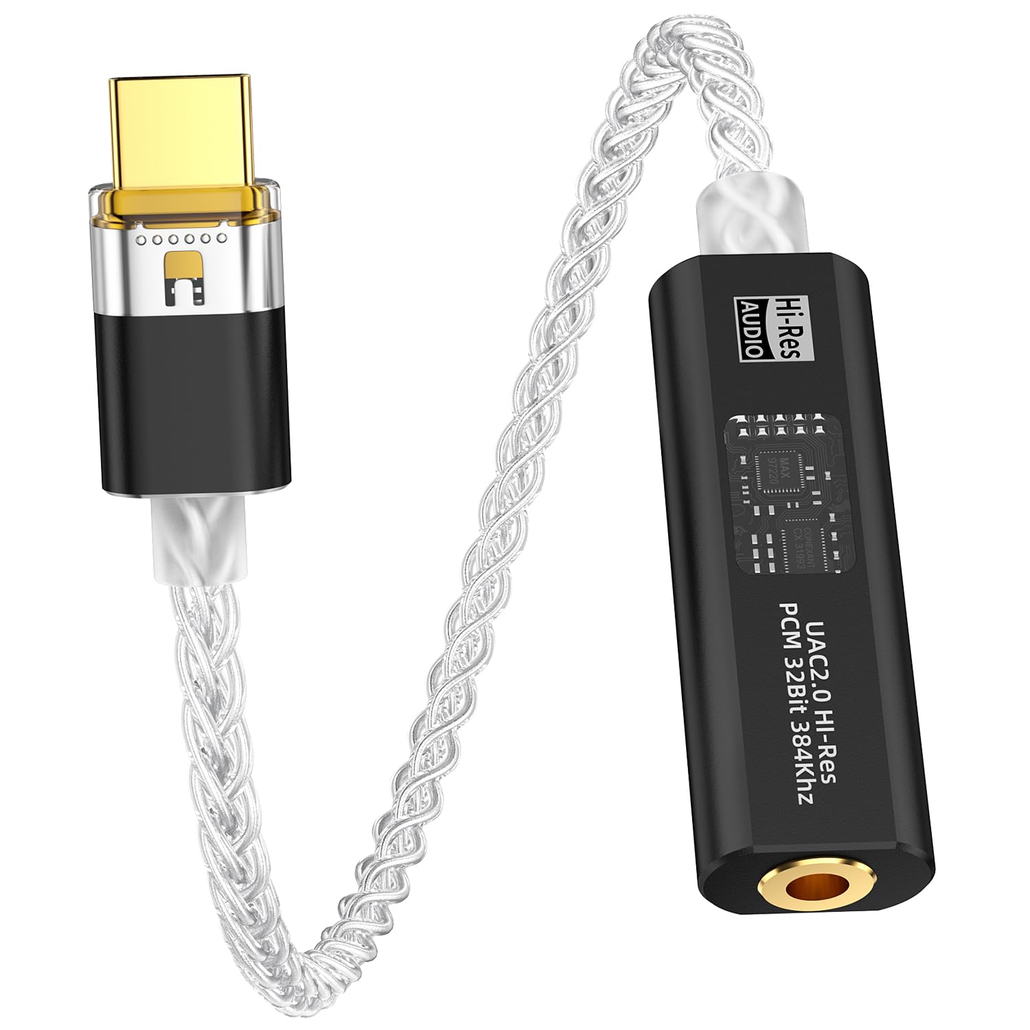 Adattatore per cuffie da USB C a DAC da 3,5 mm con doppio chip CX31993 e MAX97220, amplificatore di decodifica portatile ad alta risoluzione 32bit/384 kHz, con cavo OCC placcato argento per iPhone