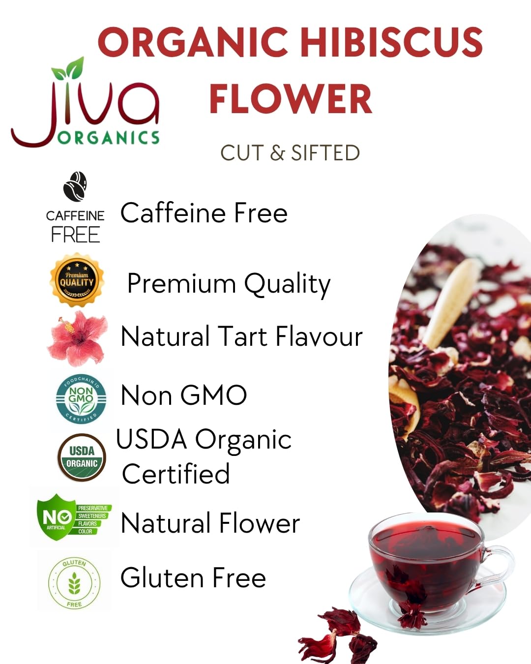 Organic Hibiscus Flowers 2 LB Jumbo Bulk Bag - 100% Pure, Cut & Sifted, Gluten Free, Non GMO, Non Irradiated, Caffeine Free, Perfect for Tea Blends, Jams, Baked Goods by Jiva Organics