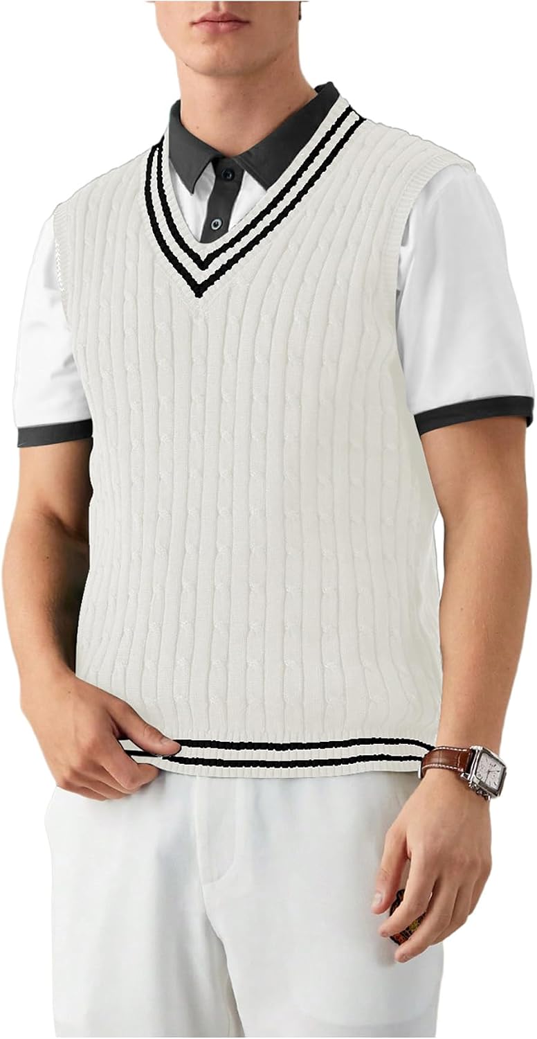 SOLY HUX Men's Striped Cable Knit Sweater Vest V Neck Sleeveless Casual School Sweater Tops