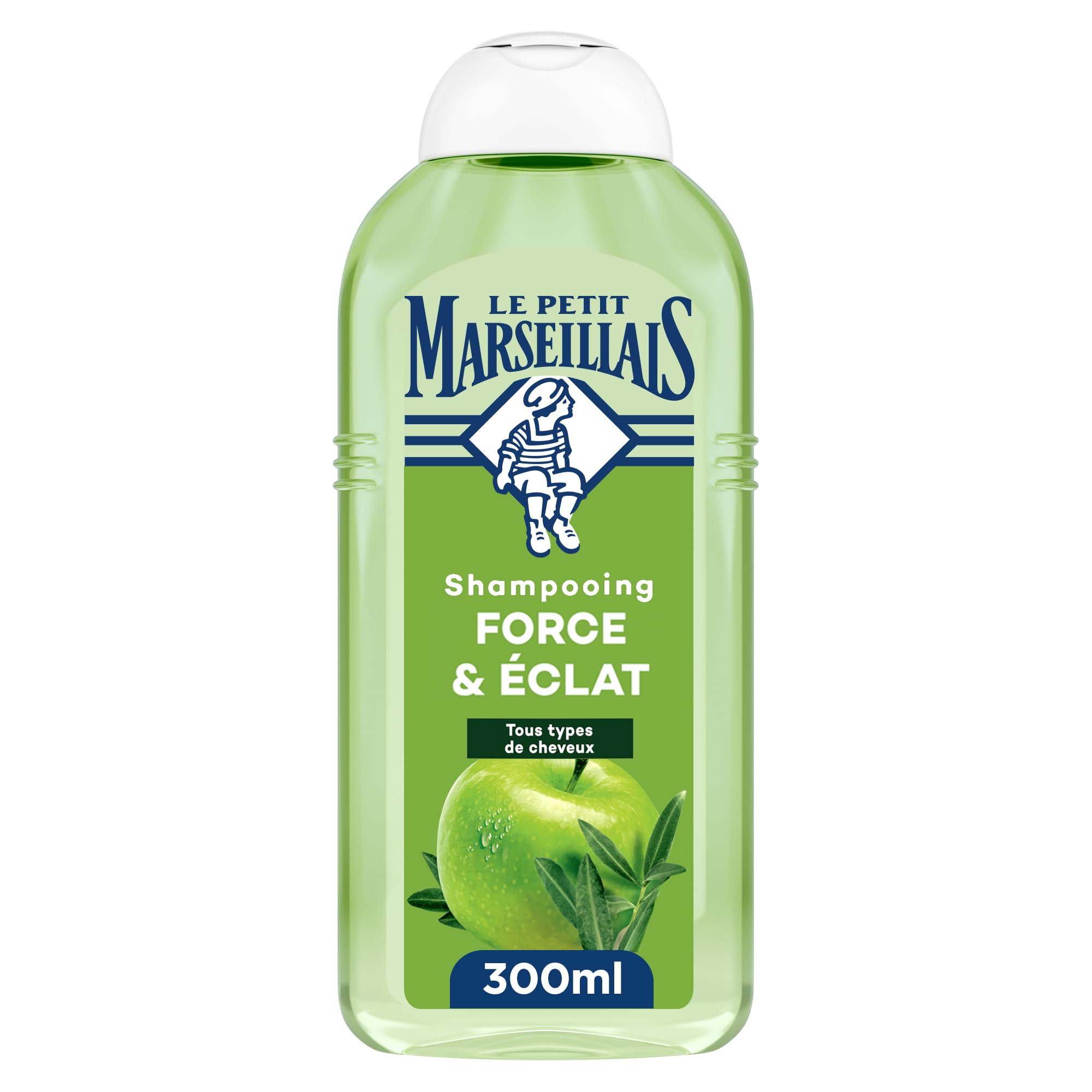 Le Petit Marseillais – Shampooing Force & Éclat Pomme & Olivier Bio (300 ml) – Shampoing sans silicone pour cheveux normaux – 98% d'origine naturelle pour une brillance optimale