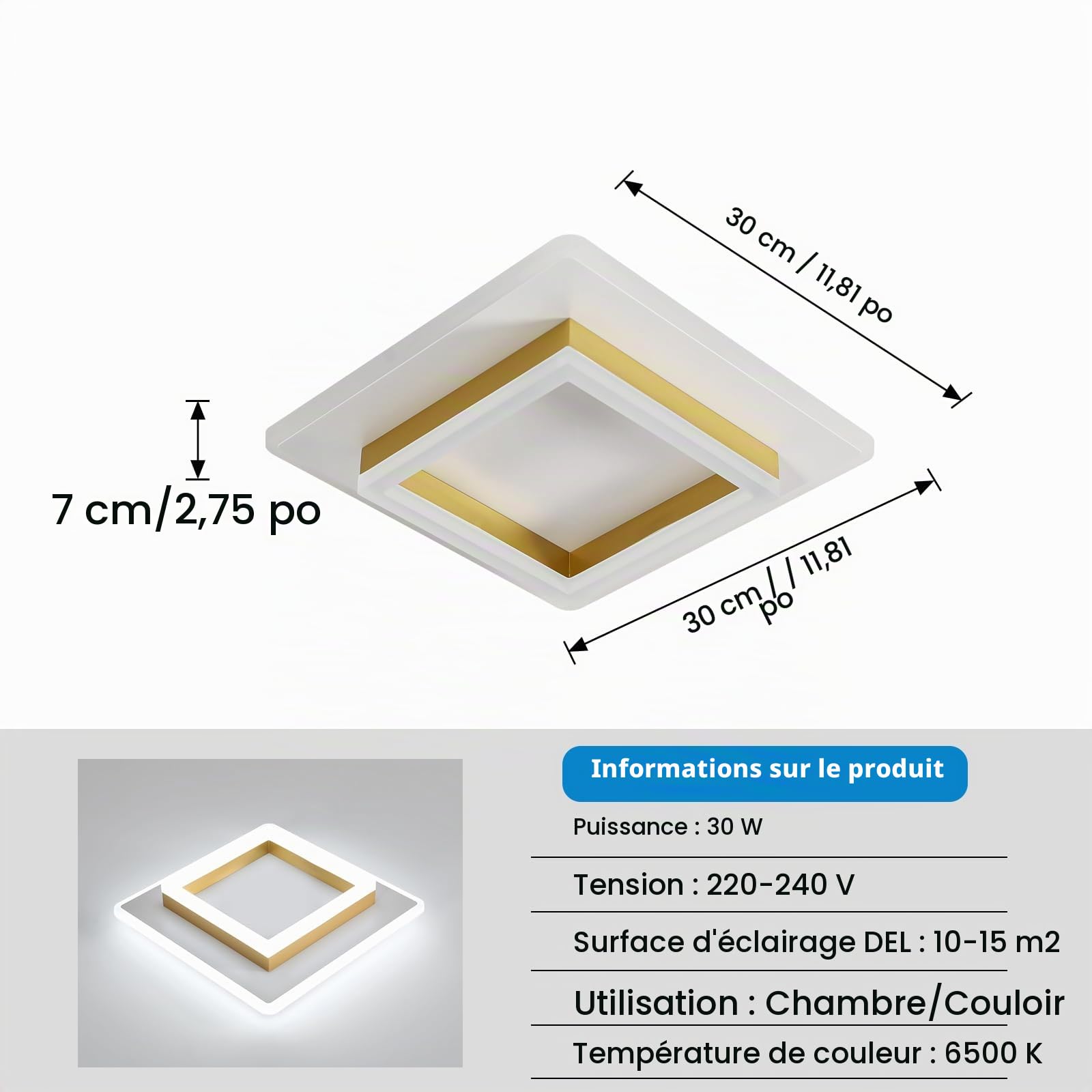 DELIPOP Plafonnier LED Moderne, 30W 3375LM 30cm Lampe de Plafond Doré 6500K