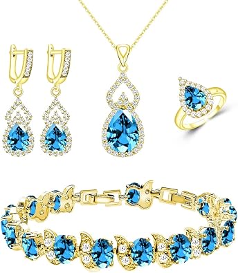 LMXXVJ Womens Jewelry Sets with Sky Blue Crystal - Gold Plated Earring Necklace Set Ring Bracelet