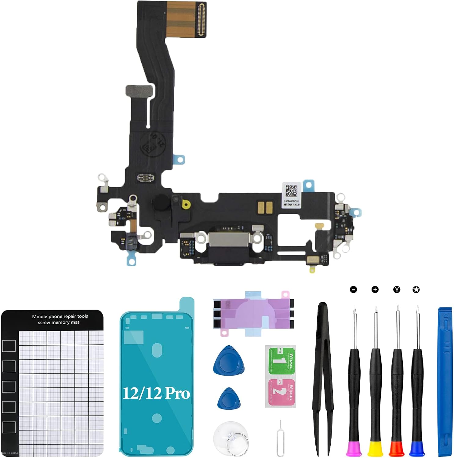 for iPhone 12 Charging Port Replacement for iPhone 12 Pro USB Data Dock Connector Antanna Microphone with Repair Tool Kit for A2172 A2402 A2403 A2404 (Black)