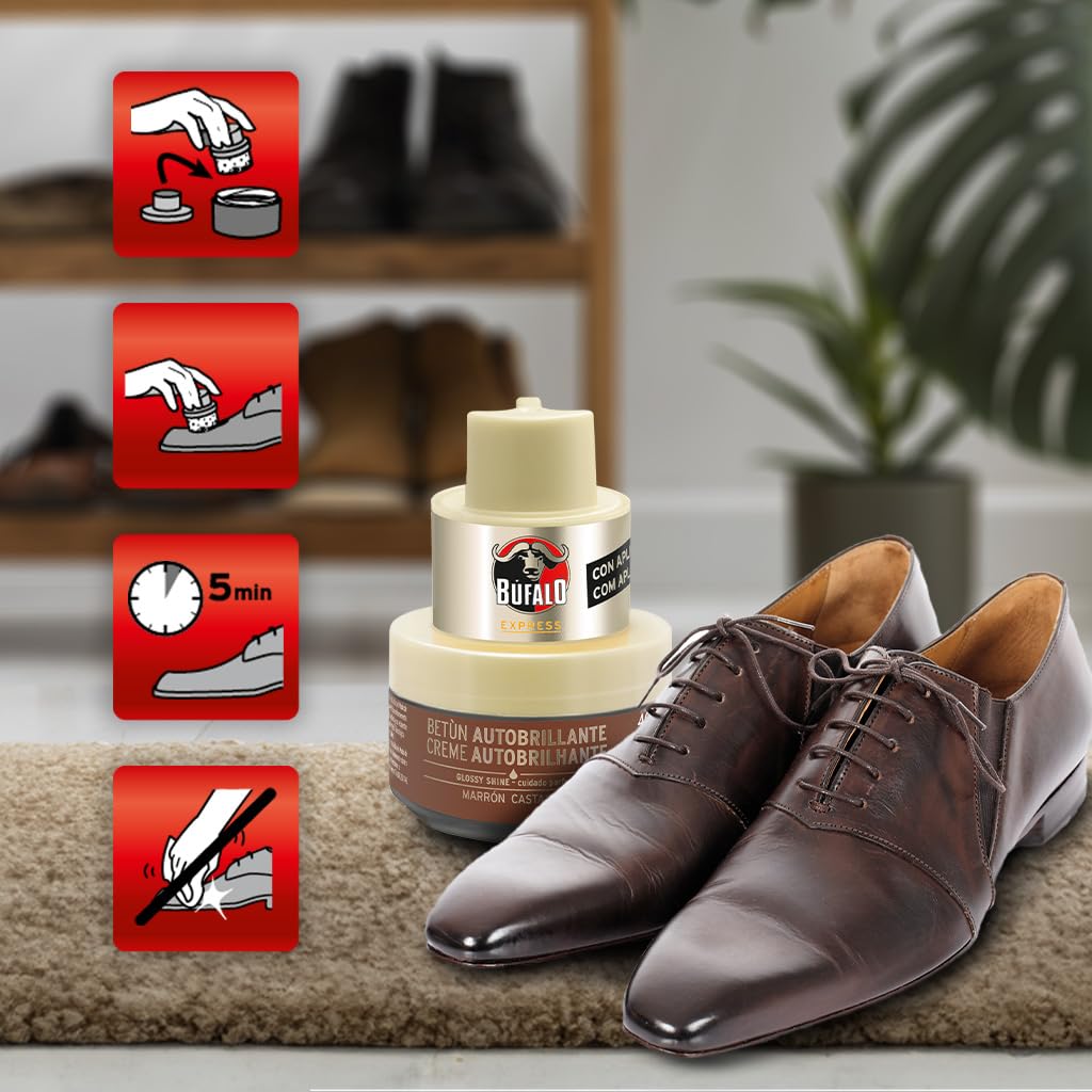 Búfalo Express - Betún en Crema Autobrillante Color Marrón, Cuidado del Calzado y Color, Brillo Satinado Superior, Esponja Integrada - Tarro de 40ml