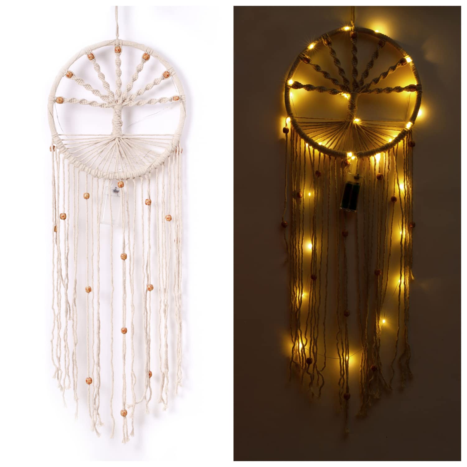 ILU Cotton Dreamcatchers Macrame With Light Wall Hanging Tree Of Life Large For Home Bedroom Baby Room Nursery Wedding Party Cafe Décor, Off-White