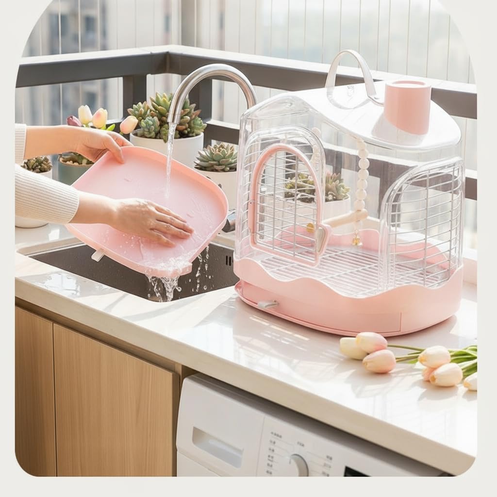 Harilla Gabbia Trasportino Portatile per Uccelli Gabbia da Viaggio Contenitore per Volatili Box per Pappagalli Chiusura Antifuga, Rosa, Gabbia per uccelli 986 - Rosa + Altalena + Posatoio