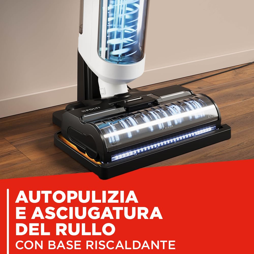 Polti Rollysteam WD50C Cordless, Lavapavimenti con Funzione Vapore e Aspirapolvere, 450 W, Pulizia Completa in un solo Passaggio, Senza Filo, Auto Pulizia, Bianco