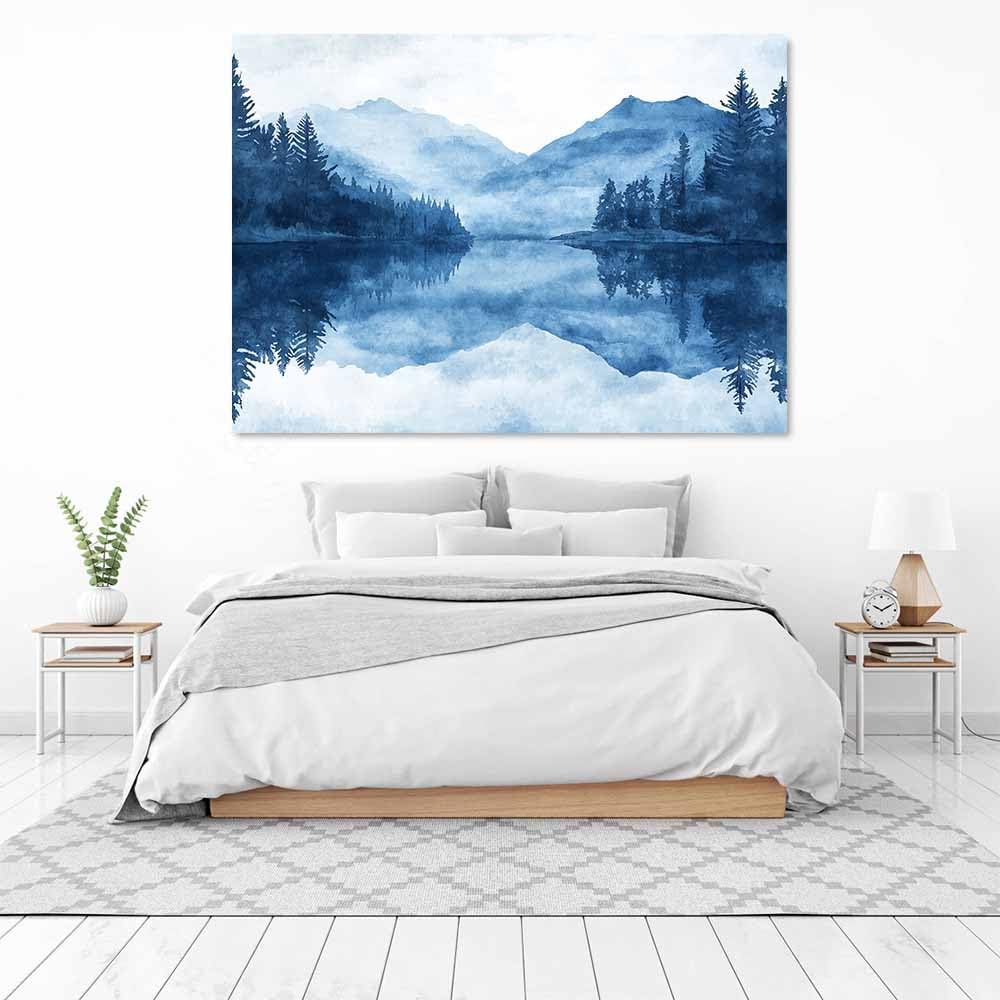 QUSAAOU Bilder Wohnzimmer Modern Blaues Aquarell Bergsee Moderne FüR Das Wohnzimmer Auf Leinwand Wandbilder Affiches Murales Pour La Maison(Blau)-30x45cm Gerahmt