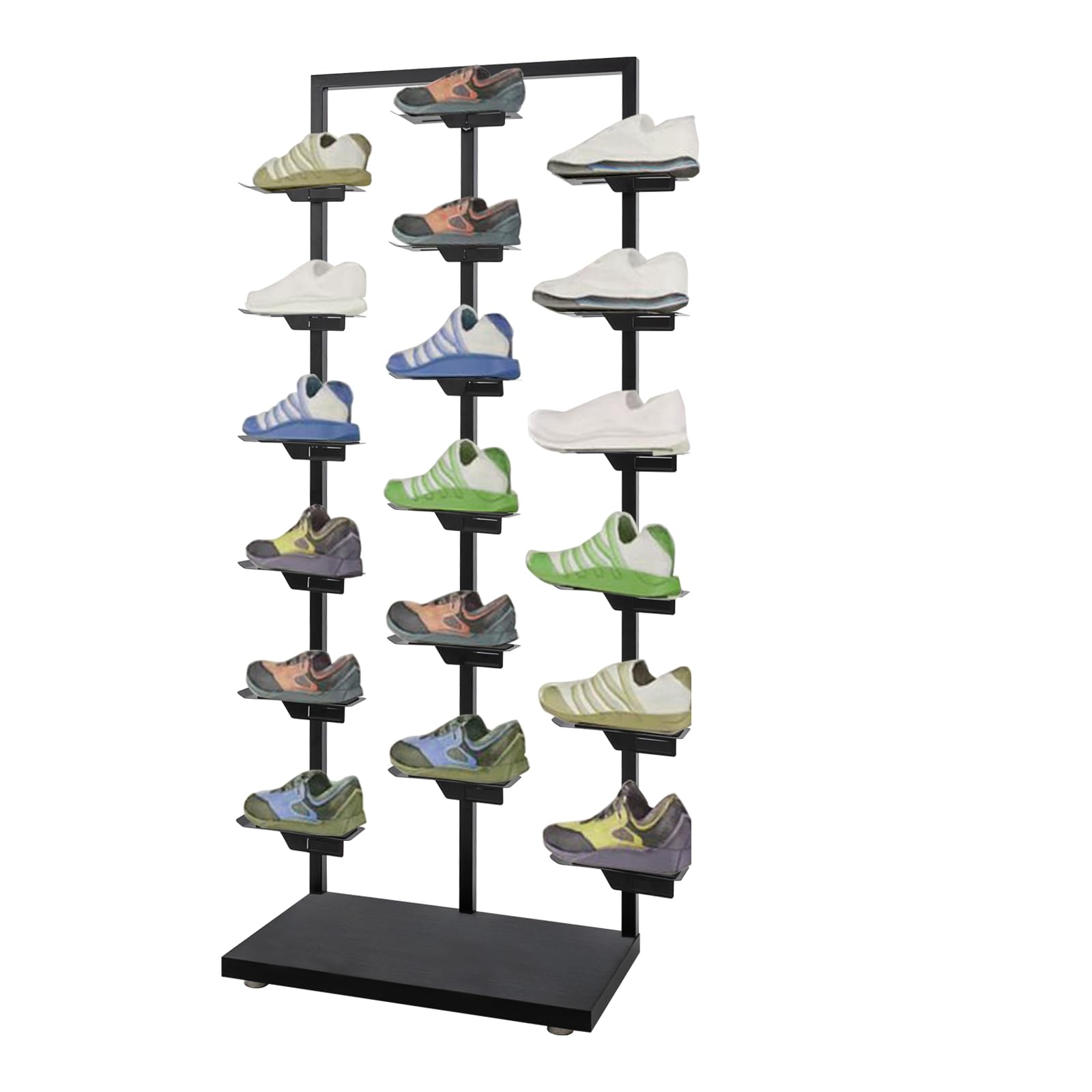 CURIEUYU Commercial Store Shoe Rack, Free Standing Retail Boutique Shoe Display Shelf, Metal Sneaker Basketball Shoes Stand, 18 Shoe Holders for Home Store (Oak, Black)